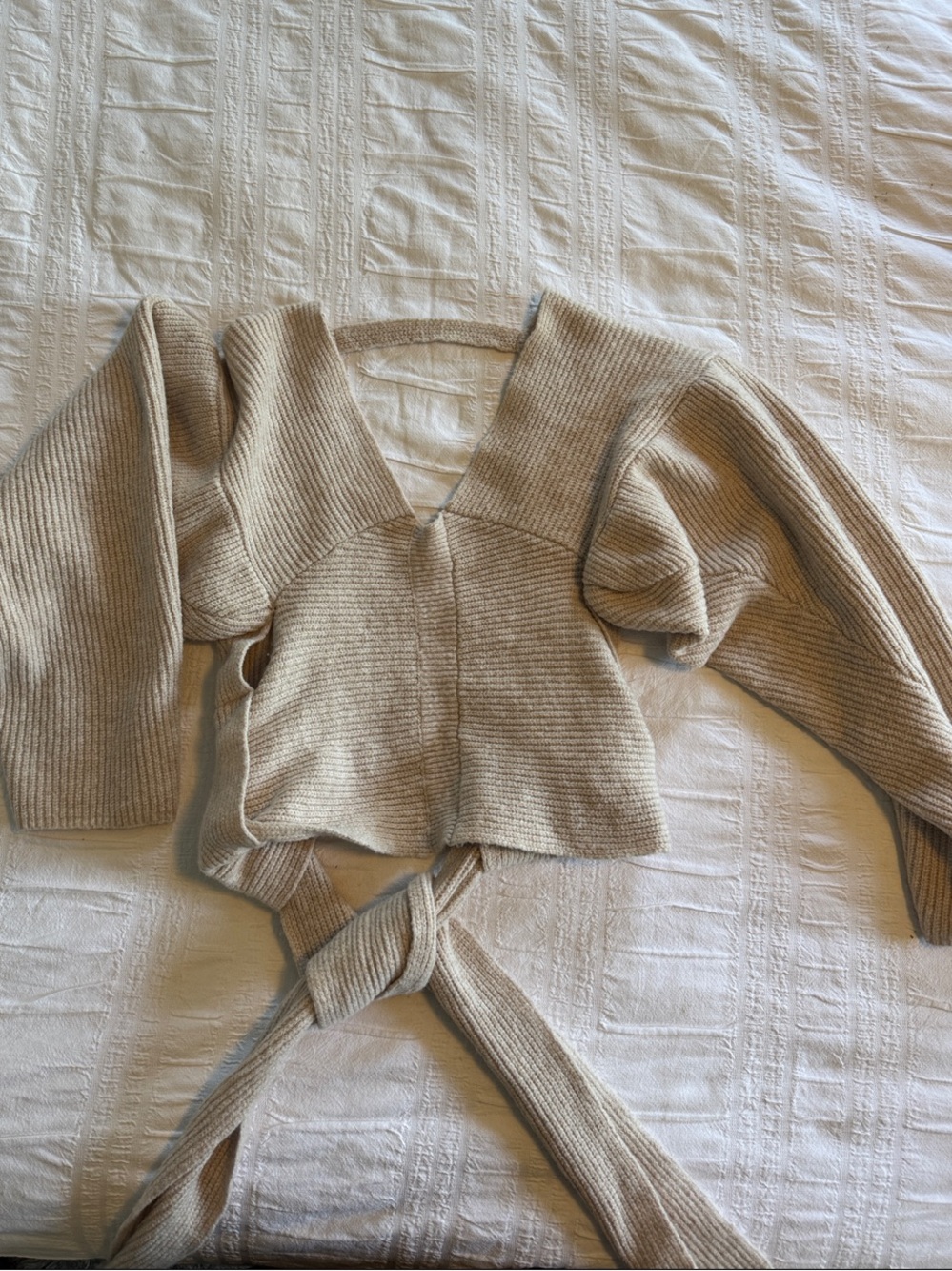 Boutique Cropped V-Neck Tie-Back Sweater in Beige